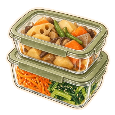 作り置きのおかずを入れた保存容器の料理シール